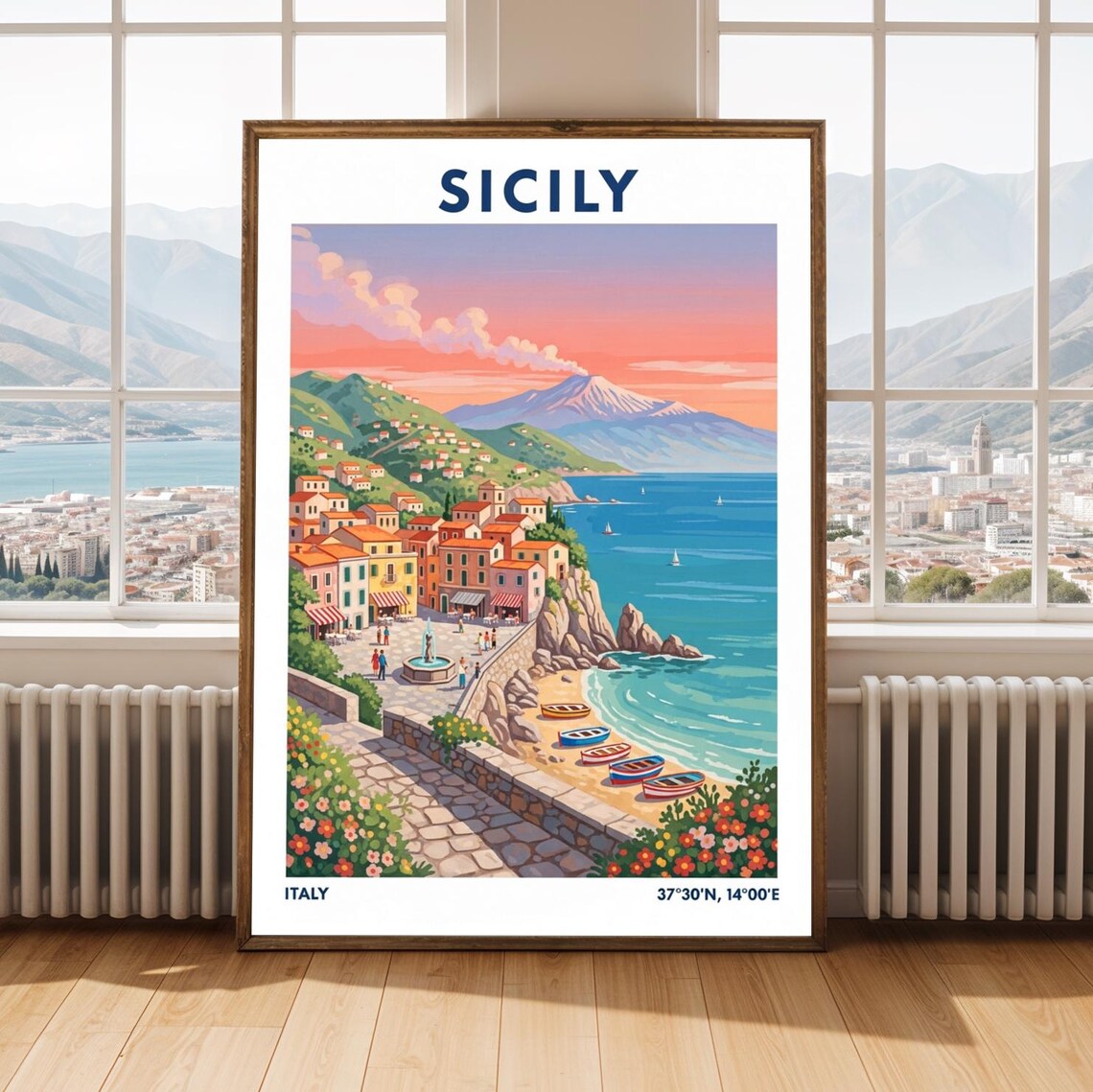 Sicily Italy Coastal Village Mount Etna Sunset Travel Poster