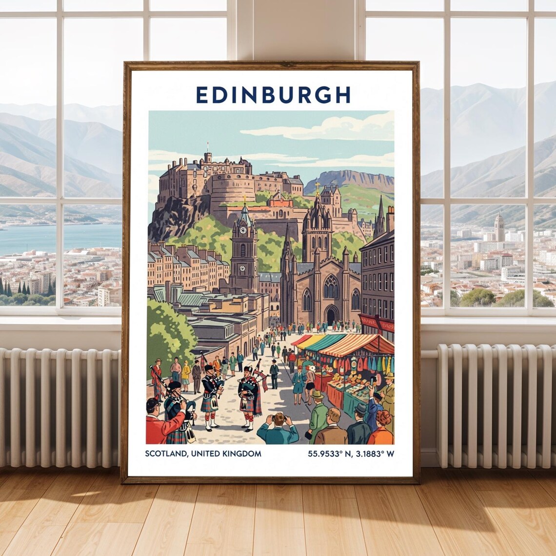 Edinburgh Castle Bagpipers Market Street Vintage Travel Poster