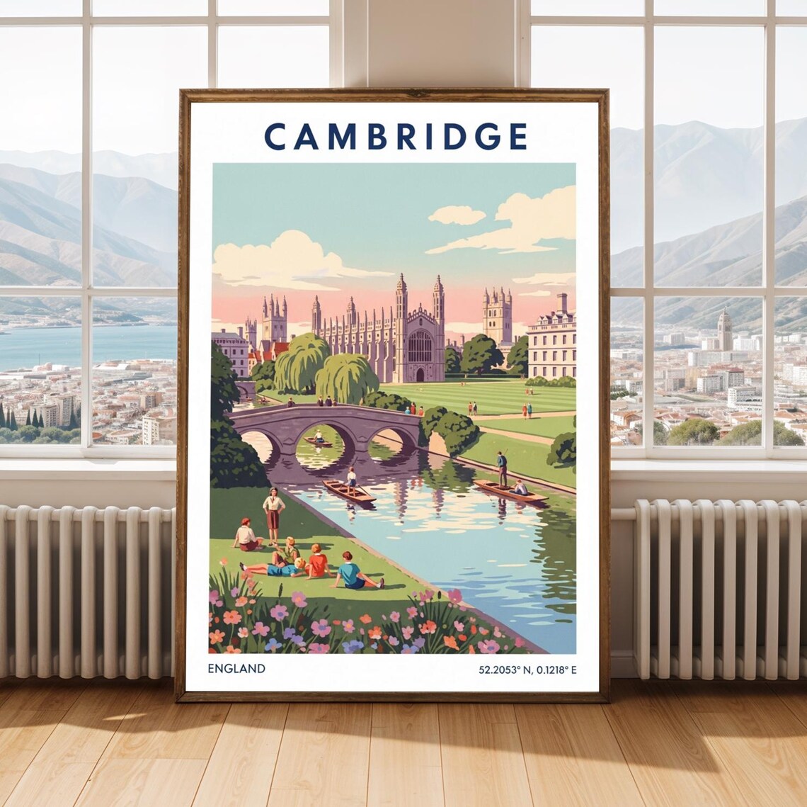 Cambridge England Vintage Travel Poster River Cam Punting Chapel Bridge