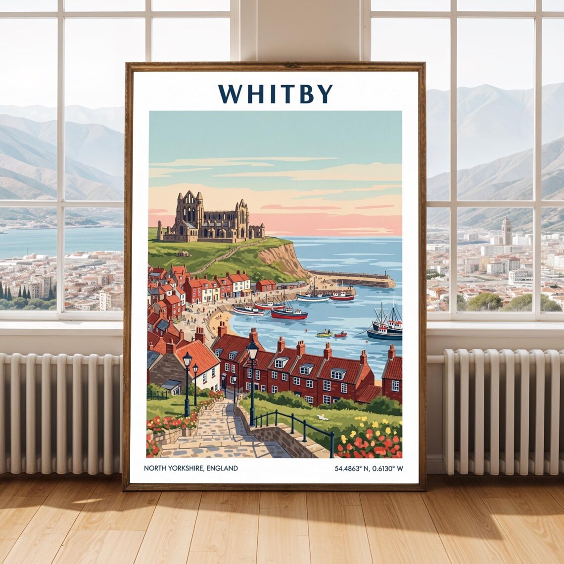 Whitby Abbey Harbor Cliff Vintage Coastal Travel Poster England