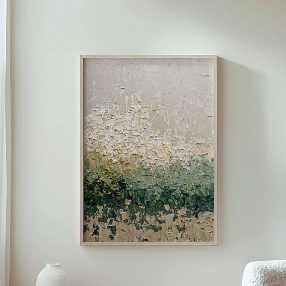 Textured Green Cream Abstract Impasto Oil Painting Style Print