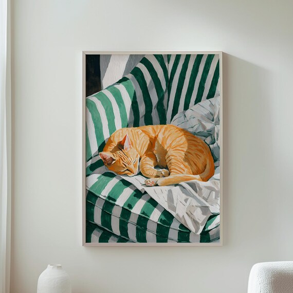 Sleeping Orange Tabby Cat Cozy Green Striped Sofa Art Wall Poster