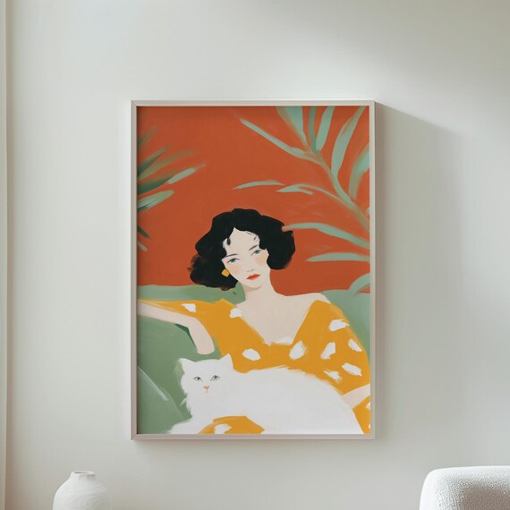 Stylish Woman With White Cat Cozy Orange Green Decor Art Poster