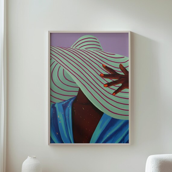 Striped Sun Hat Fashion Woman Orange Nails Modern Art Poster