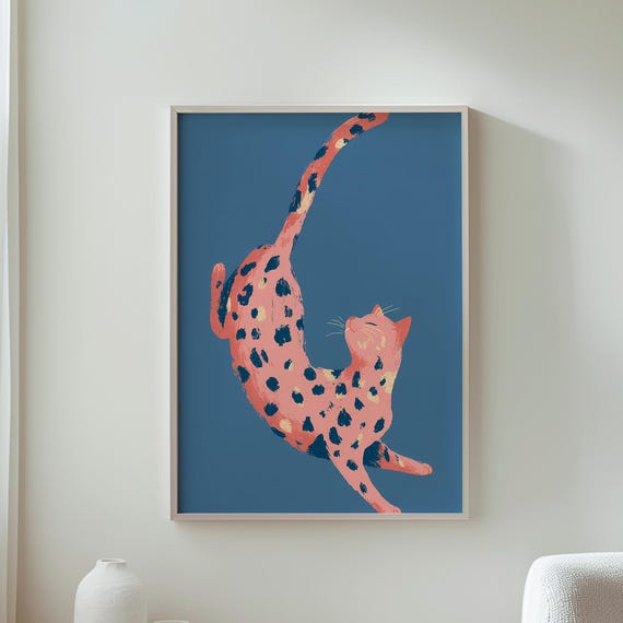 Cat Art Pink Spotted Blue Background Animal Wall Decor Cute Print Home Lover Gift Whimsical