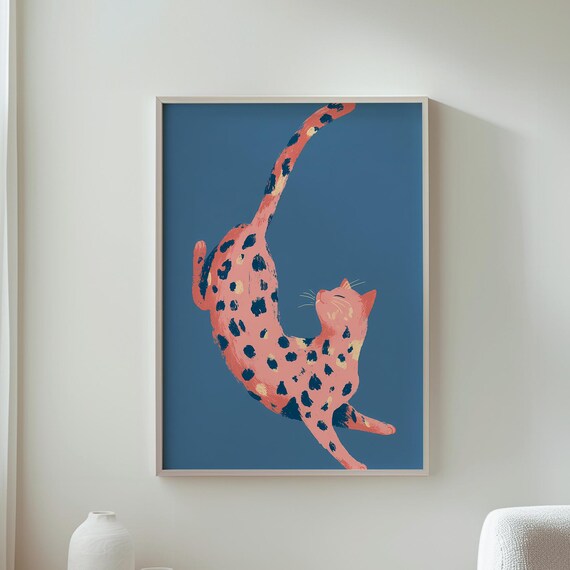 Pink Spotted Cat Stretching On Blue Cute Playful Funny Cat Wall Art