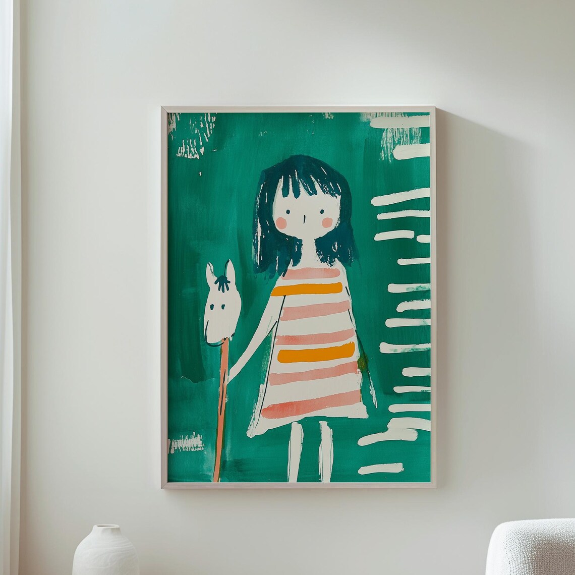 Girl With Stick Horse Whimsical Striped Dress Nursery Art Print