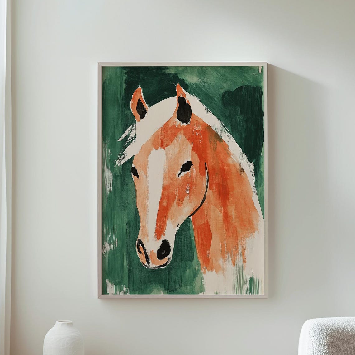 Abstract Orange Horse Portrait On Green Background Modern Art Print