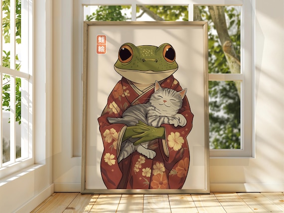 Japanese Frog in Kimono Holding Cat Vintage Style Art Poster