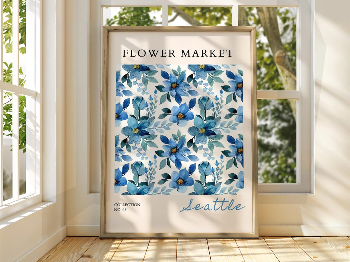 Flower Market Seattle Blue Watercolor Floral Pattern Art Poster