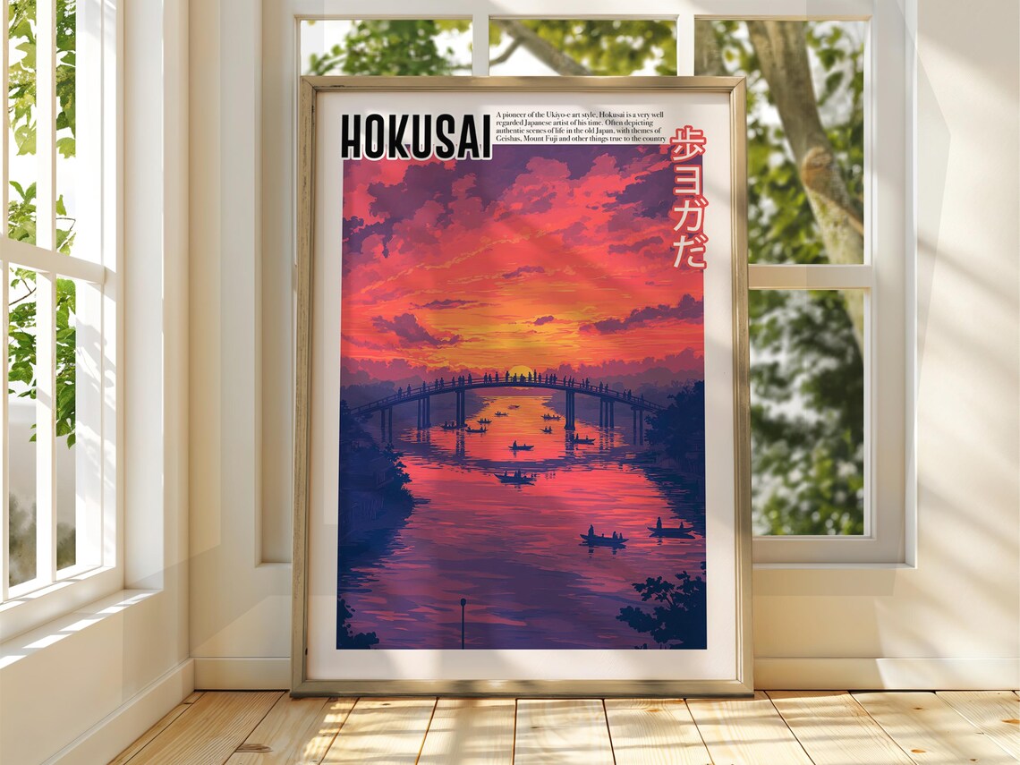 Vivid Hokusai Sunset River Bridge Ukiyoe Style Japanese Art Poster