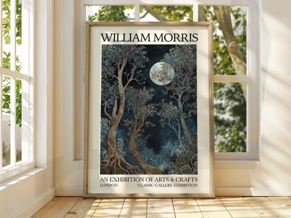 William Morris Style Full Moon Forest Poster Exhibition Gallery Print Wall Art Trees Stars