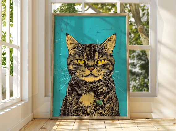 Grumpy Black Tabby Cat Portrait Turquoise Background Pop Art Poster
