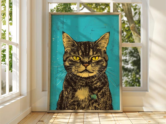 Yellow Cat On Blue Poster Wall Art Illustration Fun Animal Feline Decor Kitten Black Pet