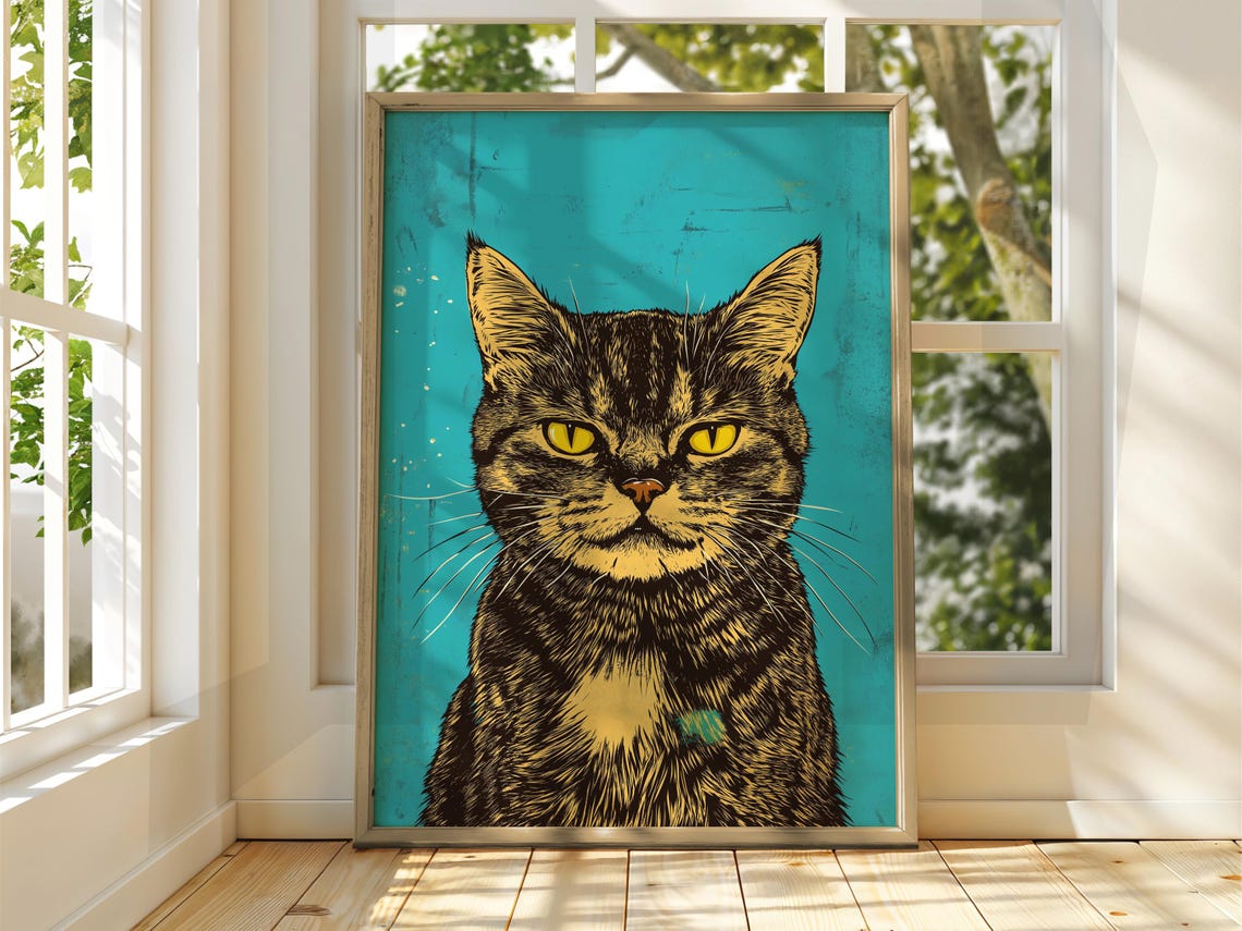 Grumpy Black Tabby Cat Portrait Turquoise Background Pop Art Poster