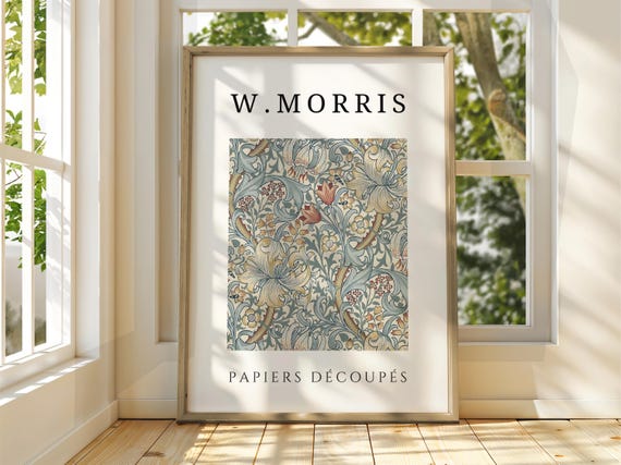 William Morris Beige Blue Floral Papiers Découpés Exhibition Poster