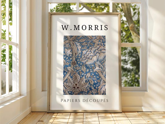 William Morris Blue Damask Floral Papiers Découpés Exhibition Poster