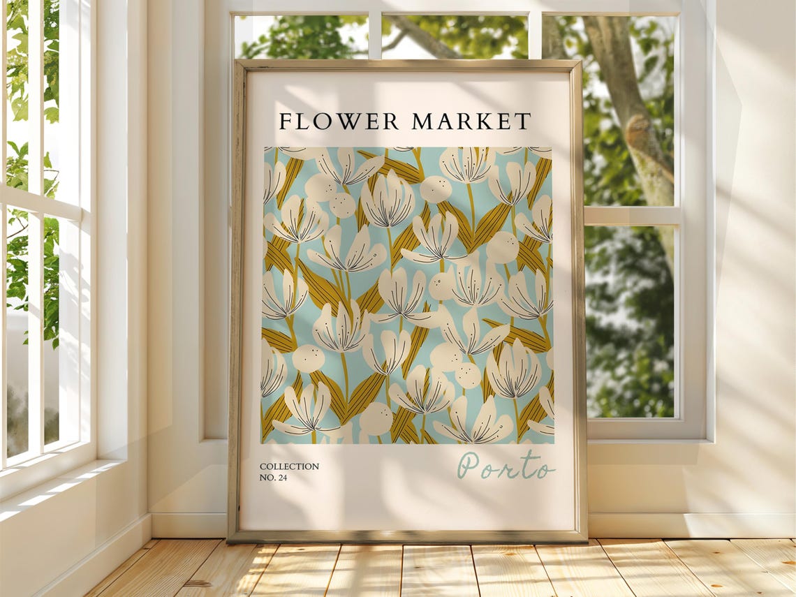 Flower Market Porto White Blossom Gold Leaf Botanical Art Poster