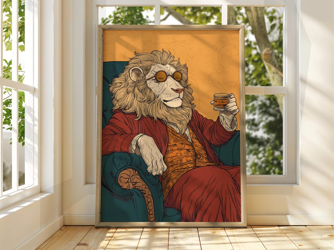 Fancy Lion Poster Drinking Animal Art Illustration Funny Quirky Drinks Whiskey