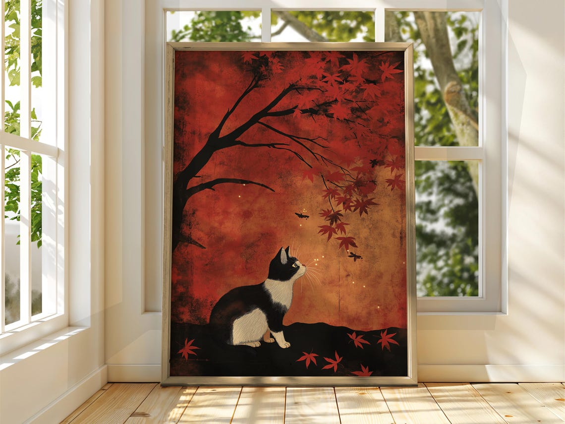 Tuxedo Cat Under Red Maple Tree Autumn Japanese Style Art Print