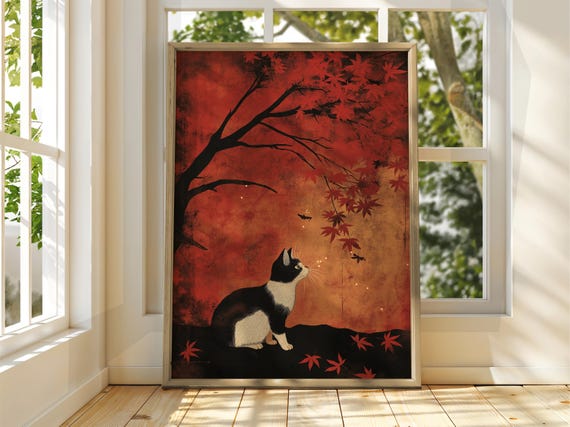 Tuxedo Cat Under Red Maple Tree Autumn Japanese Style Art Print