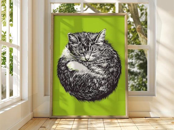 Sleeping Cat Curled Up Green Background Vintage Sketch Cat Art Poster