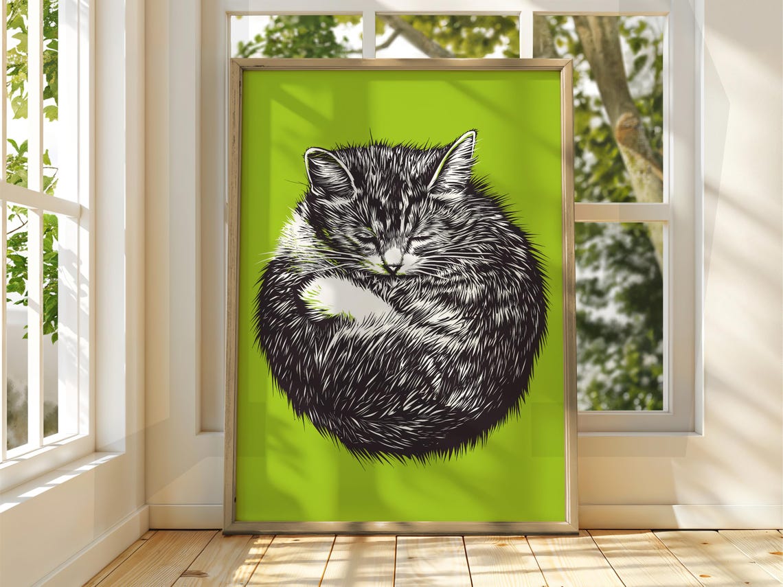 Sleeping Cat Curled Up Green Background Vintage Sketch Cat Art Poster