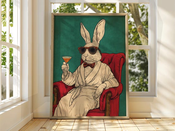 Fancy Rabbit Poster Drinking Animal Art Illustration Funny Quirky Drinks Whiskey