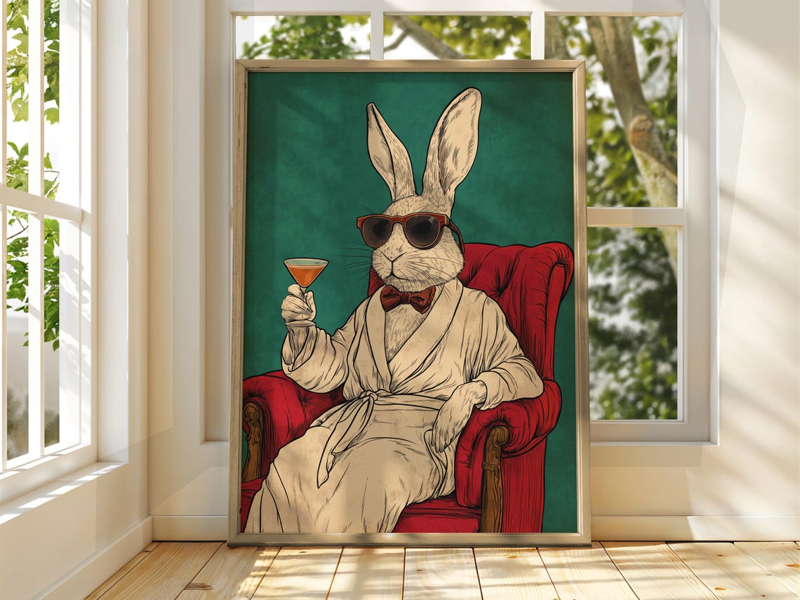 Fancy Rabbit Poster Drinking Animal Art Illustration Funny Quirky Drinks Whiskey