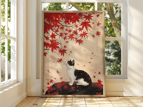 Cat Under Autumn Leaves Art Vintage Japanese Wall Animal Poster Funny Print Japan