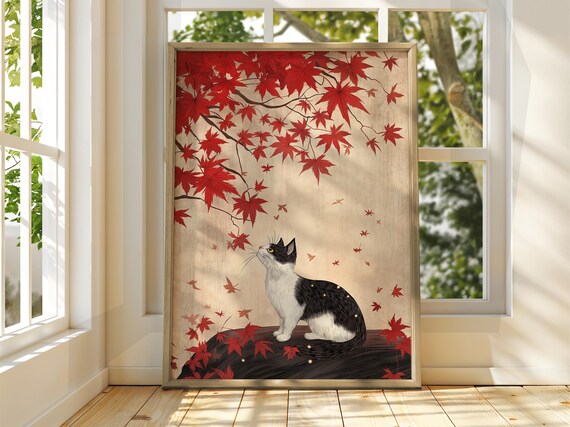Japanese Cat Under Red Maple Autumn Leaves Vintage Art Poster