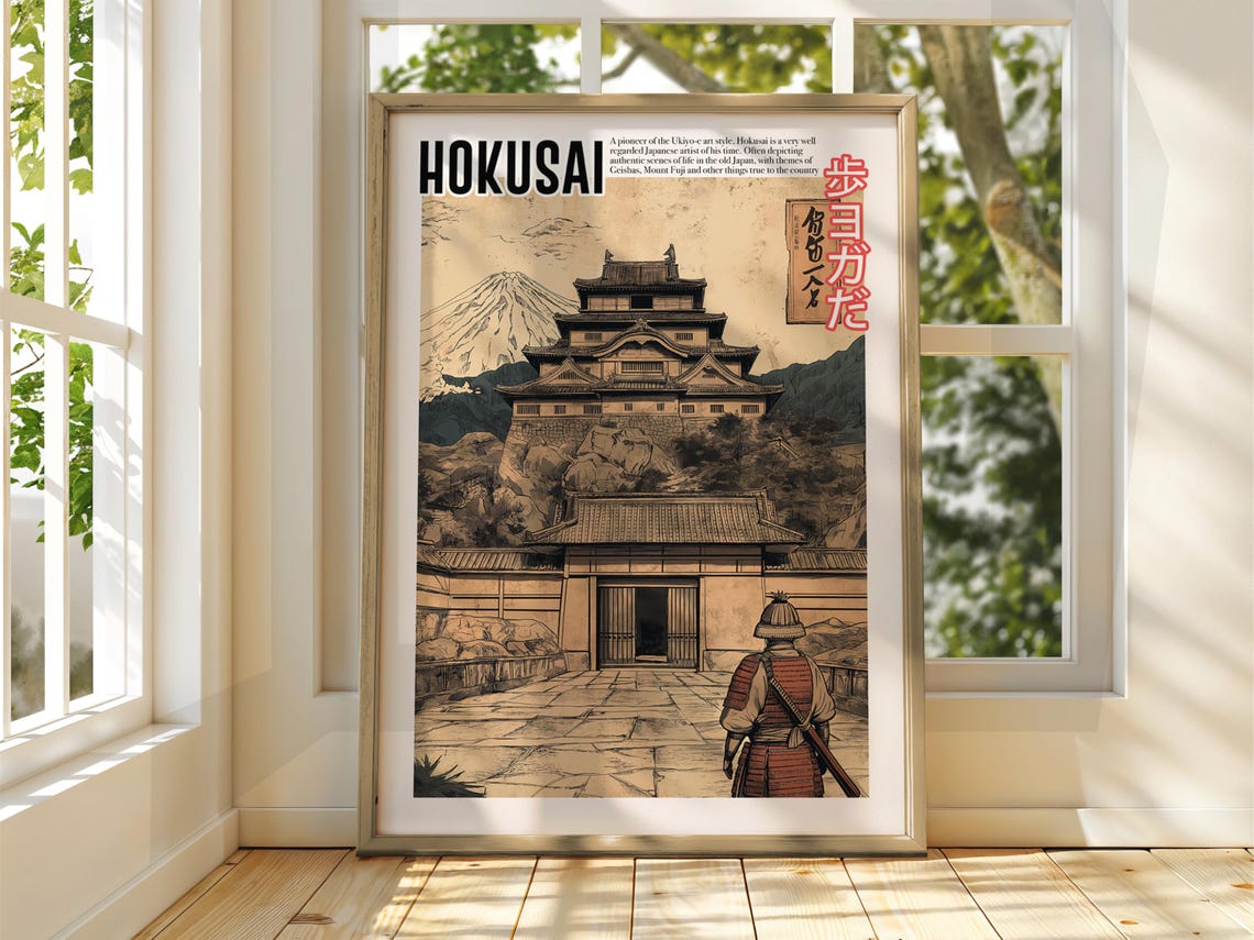 Hokusai Ukiyo-e Japanese Castle Mount Fuji Samurai Sepia Art Poster