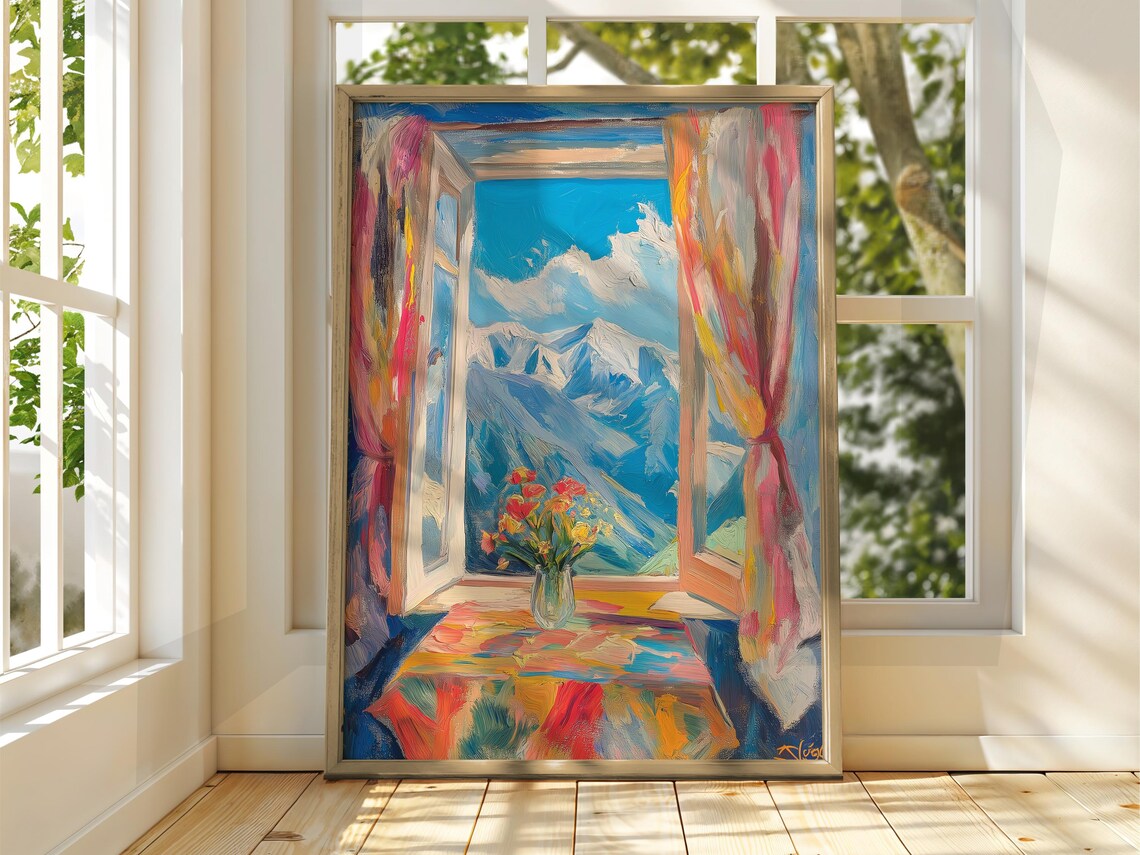 Matisse Style Mountain Window Poster With Flowers And Colorful Curtains