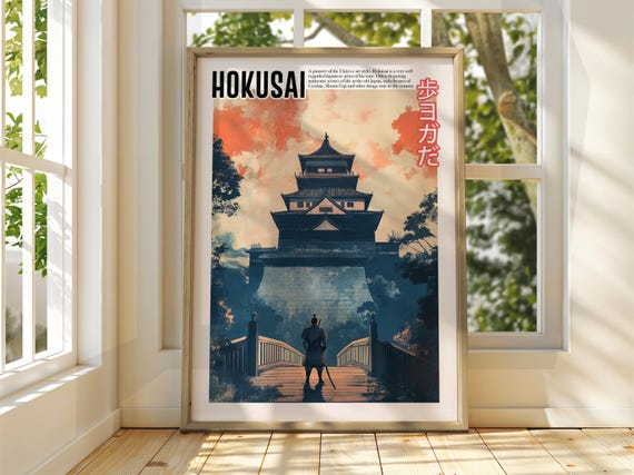 Vintage Japanese Art Ukiyoe Poster Katsushika Hokusai Print Japan Matsumoto Hoji Temple