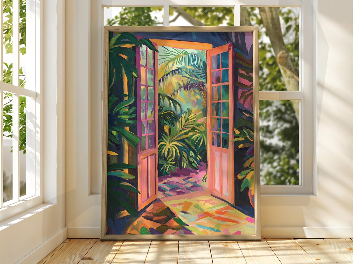 Open Doors Tropical Palm Garden Vibrant Fauvist Painting Wall Poster