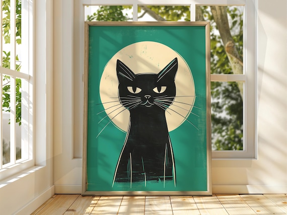 Black Cat Full Moon Night Illustration Teal Modern Art Poster