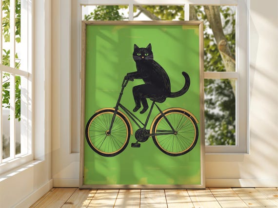 Cat Riding Bike Poster Wall Art Illustration Fun Animal Feline Decor Kitten Black Pet Green