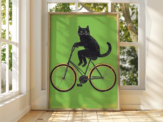 Cute Black Cat Riding Bicycle Retro Green Illustration Poster