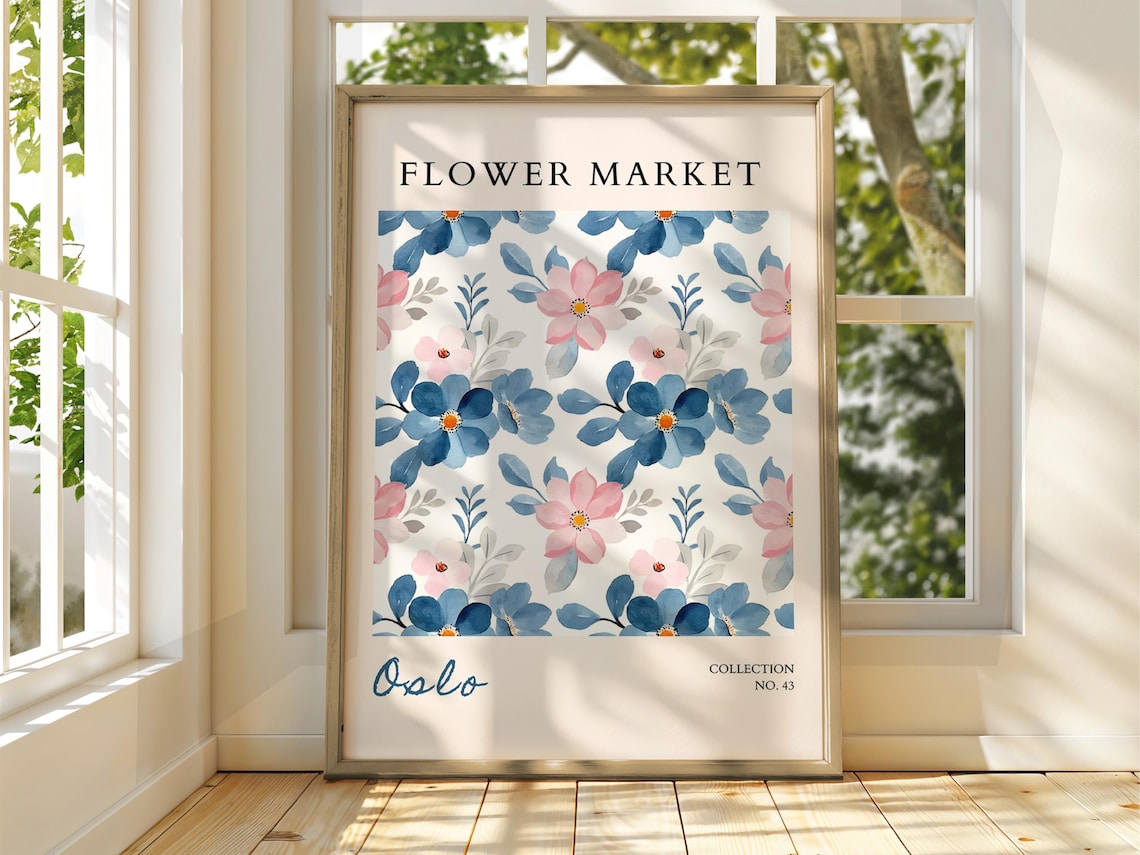 Oslo Flower Market Blue Pink Watercolor Floral Botanical Print