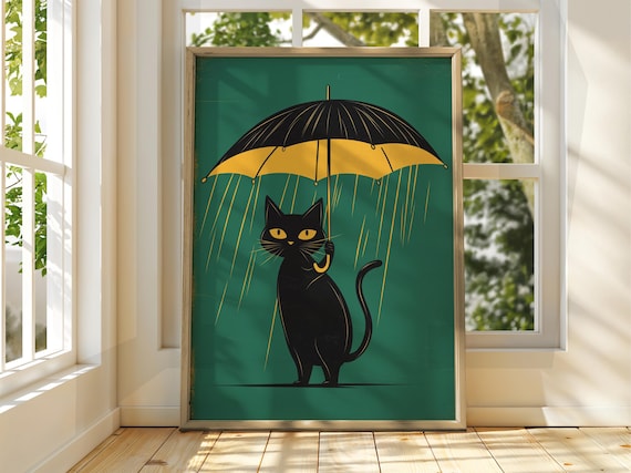 Black Cat Yellow Umbrella Rain Green Vintage Illustration Poster