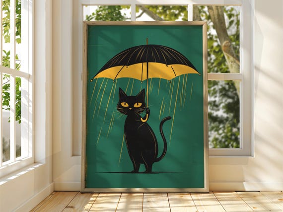 Cat With Umbrella Poster Wall Art Illustration Fun Animal Feline Decor Kitten Black Pet Green