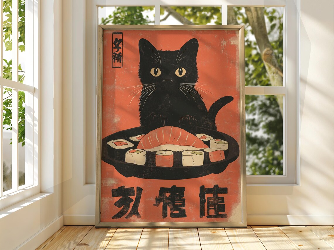 Cat With Sushi, Vintage Japanese Animal Print