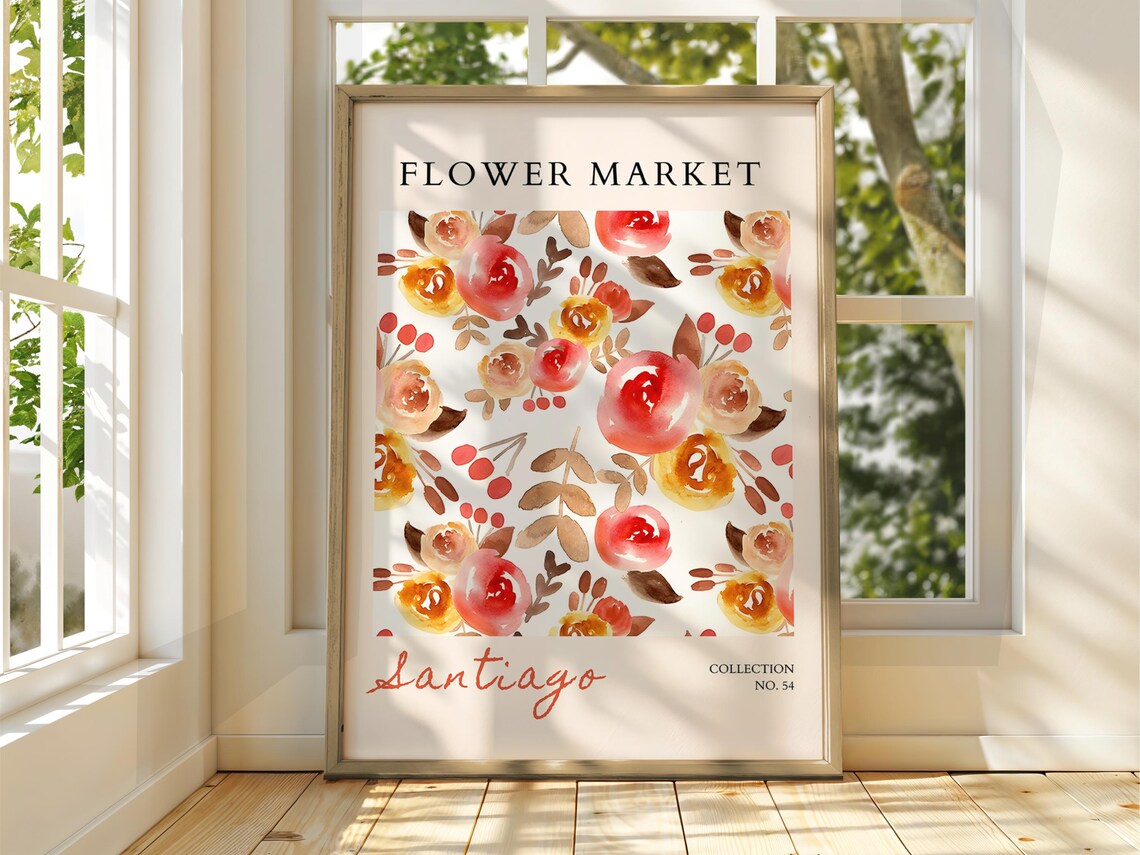 Santiago Flower Market Red Orange Rose Watercolor Floral Poster