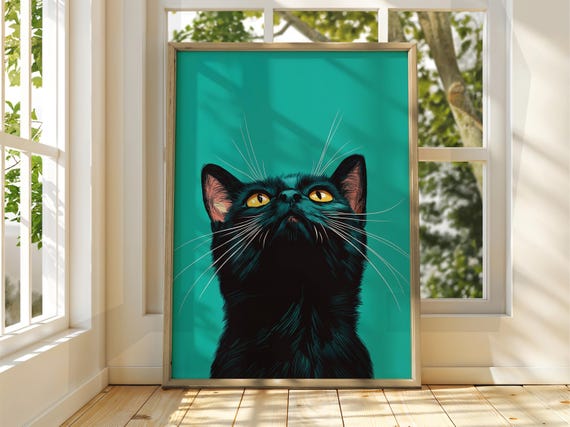 Black Cat Poster Wall Art Illustration Fun Animal Feline Decor Kitten Pet Green