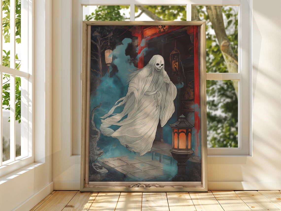 Japanese Yurei Ghost Woman Haunted Temple Lanterns Ukiyo-E Art Print