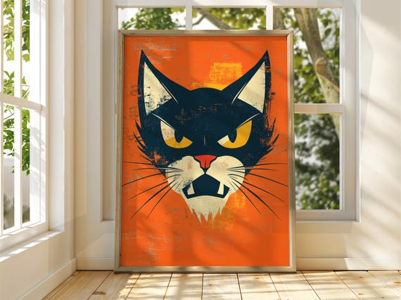 Angry Orange Cat Poster Wall Art Illustration Fun Animal Feline Decor Kitten Black Pet