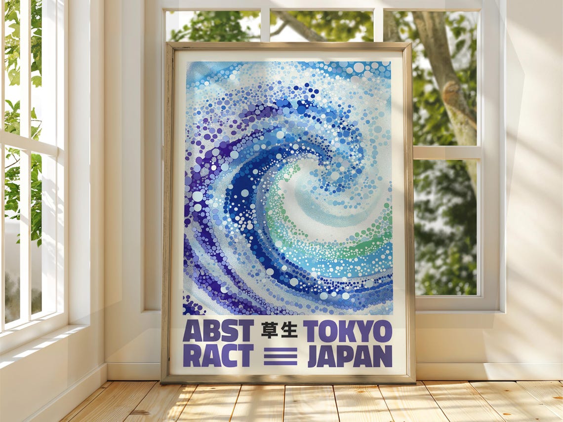 Tokyo Japan Abstract Poster Swirling Blue Wave Dot Pattern Wall Decor