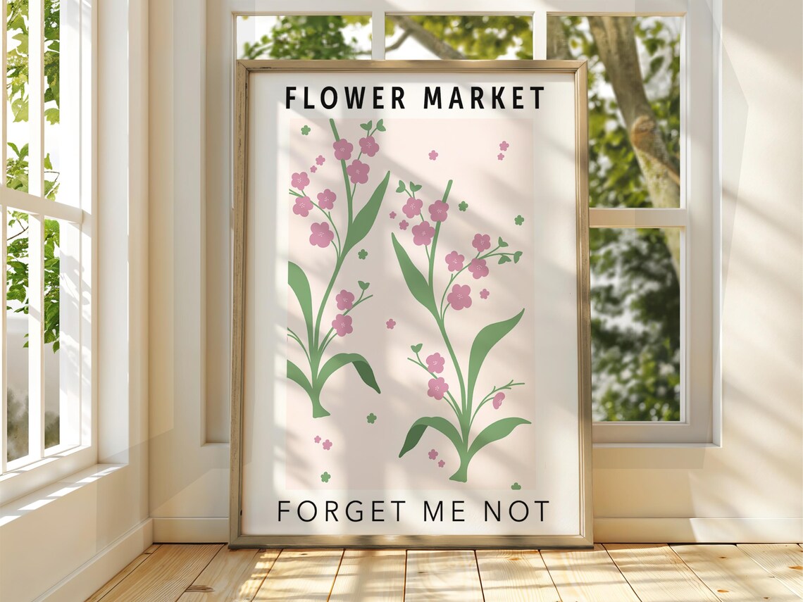 Forget Me Not Flower Market Poster Pink Blossom Botanical Art