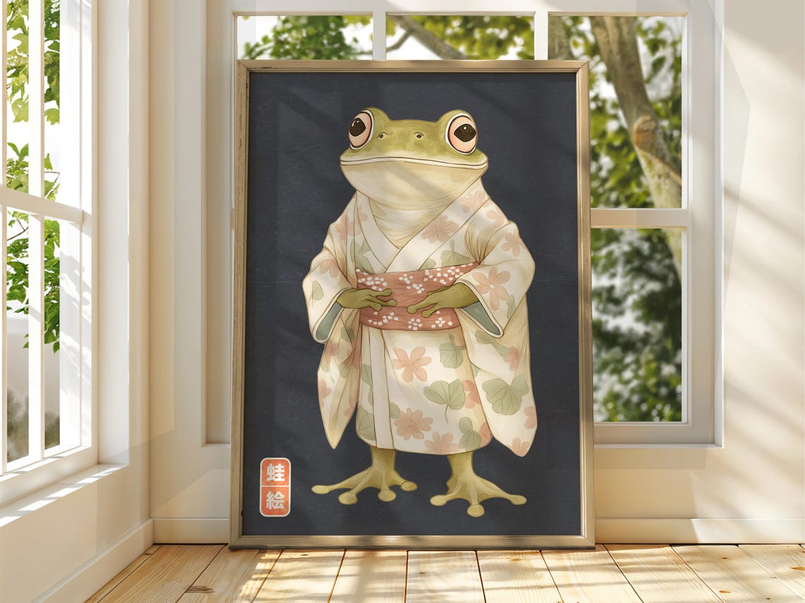 Japanese Frog In Floral Kimono Vintage Style Animal Art Poster