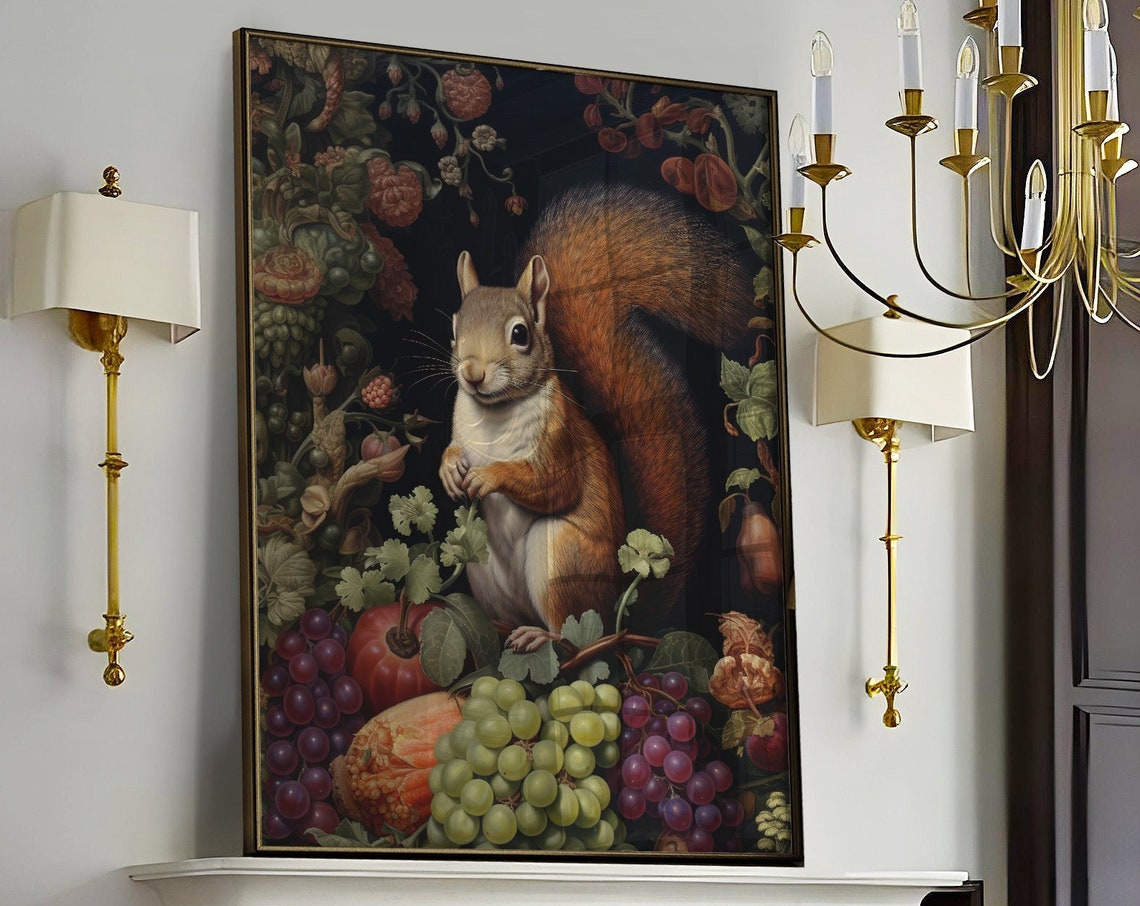 Red Squirrel With Grapes And Fruit On Dark Harvest Background Poster